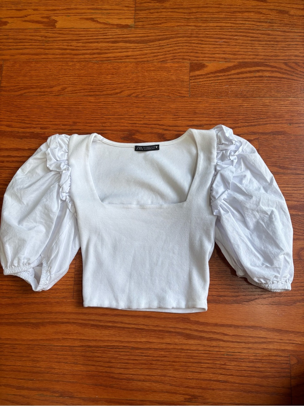 Zara White Square-Neck Puff Sleeve Crop Top